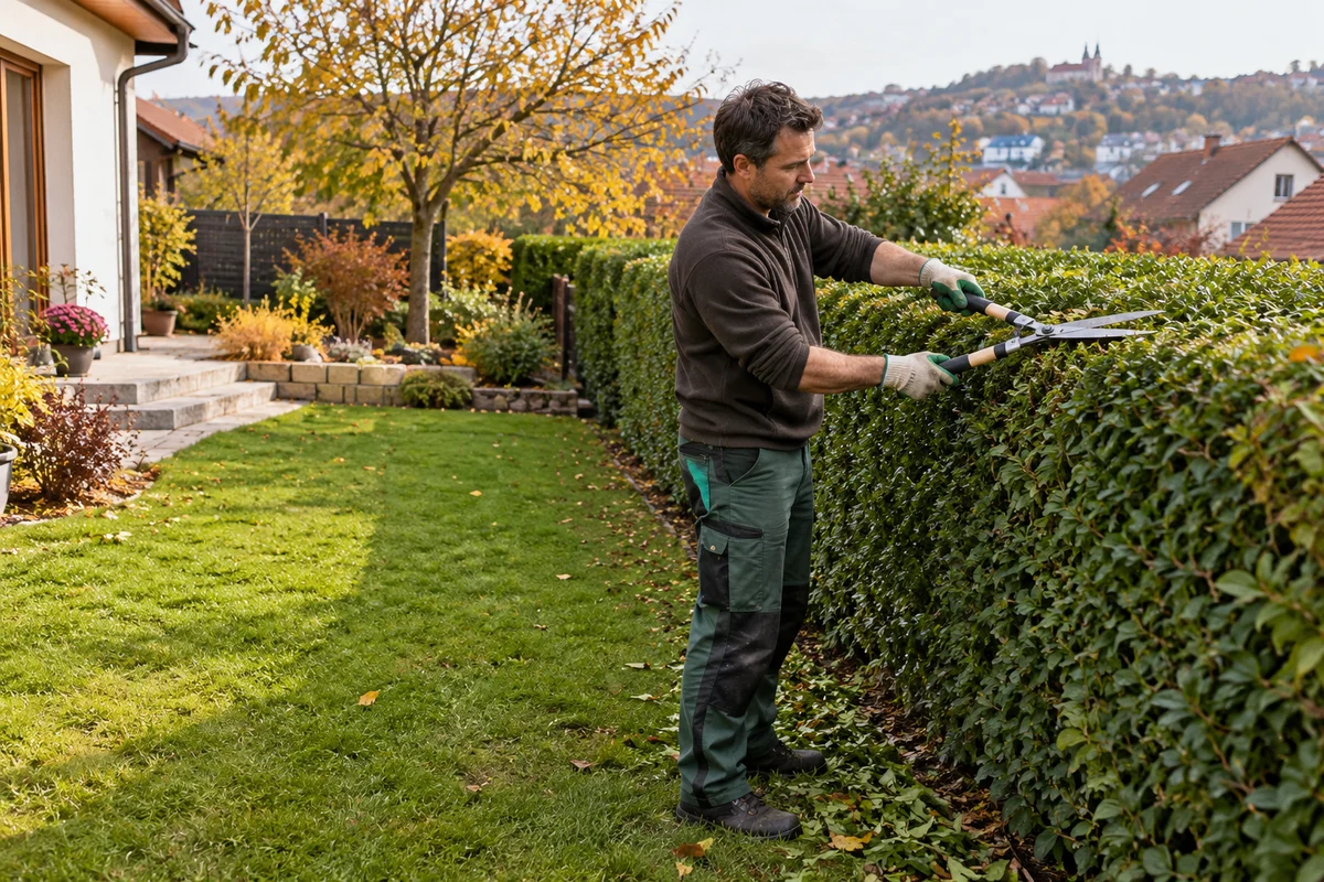 A gardener trims a hedge next to a family house in an autumn garden